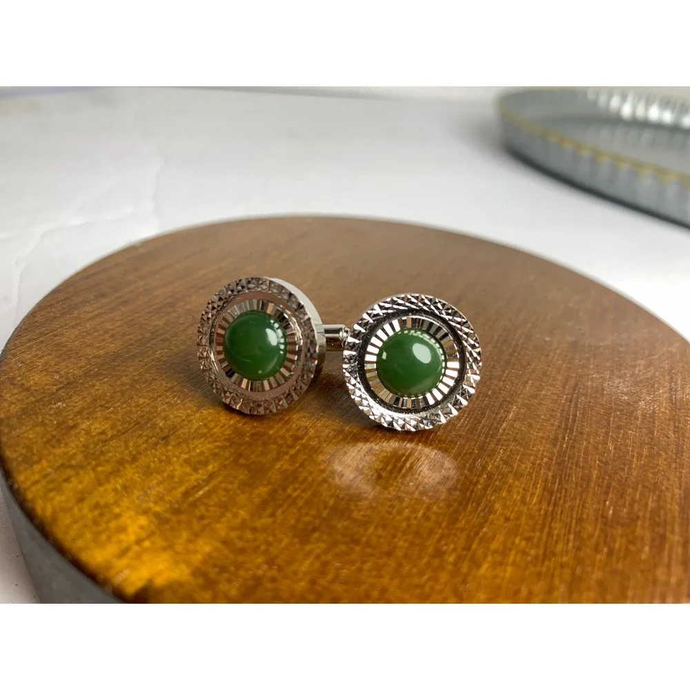 Vintage Silver Tone Green Cabochon Sunburst‎ Round Cufflinks Formal Accessory